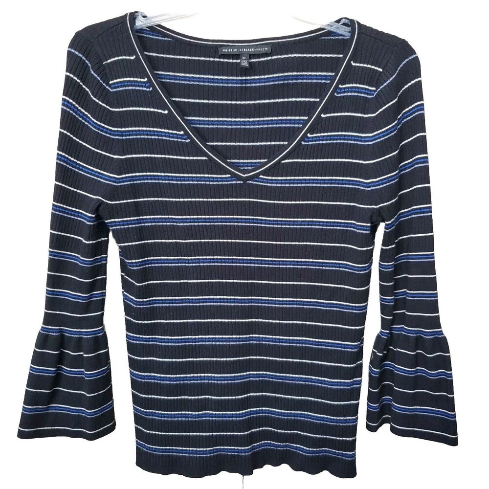 White House Black Market Striped Ribbed Bell Sleeve V-Neck Sweater Size XL